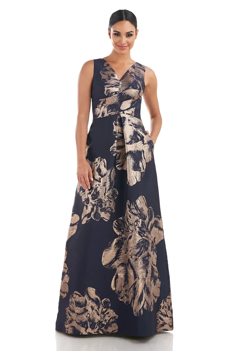 Alaina Floral Jacquard Evening Gown with V-Neck
