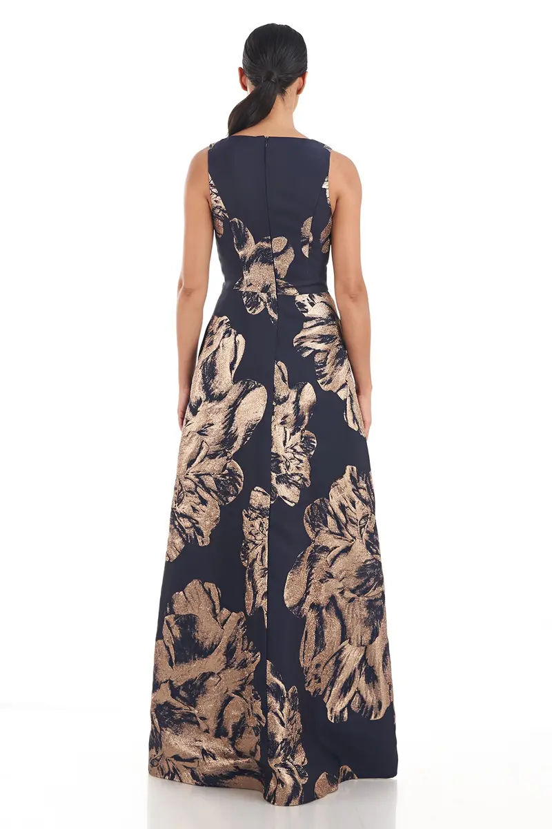 Alaina Floral Jacquard Evening Gown with V-Neck 2