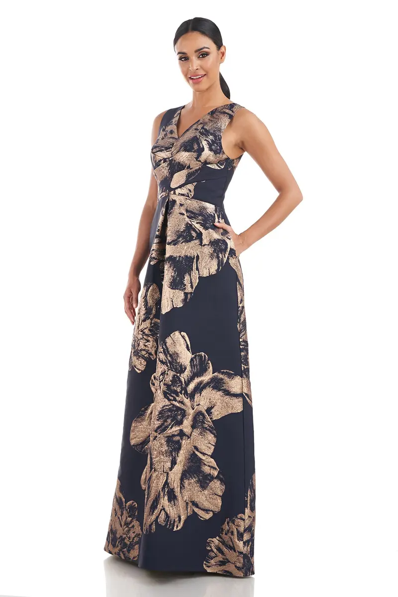 Alaina Floral Jacquard Evening Gown with V-Neck