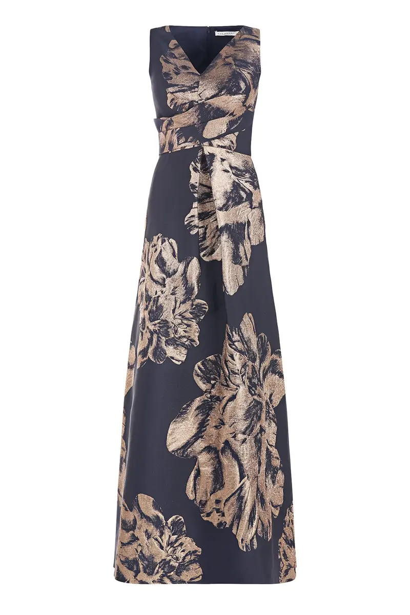 Alaina Floral Jacquard Evening Gown with V-Neck