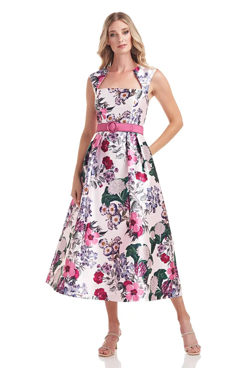 Alma Floral Mikado Tea-Length Dress with Detachable Belt