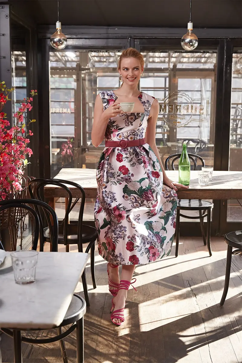 Alma Floral Mikado Tea-Length Dress with Detachable Belt 2