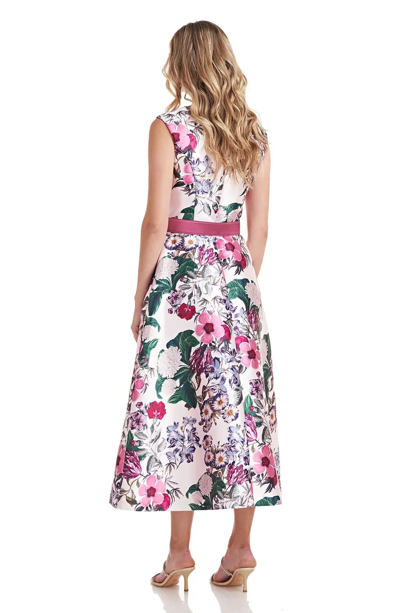Alma Floral Mikado Tea-Length Dress with Detachable Belt
