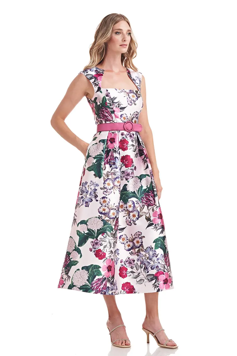 Alma Floral Mikado Tea-Length Dress with Detachable Belt