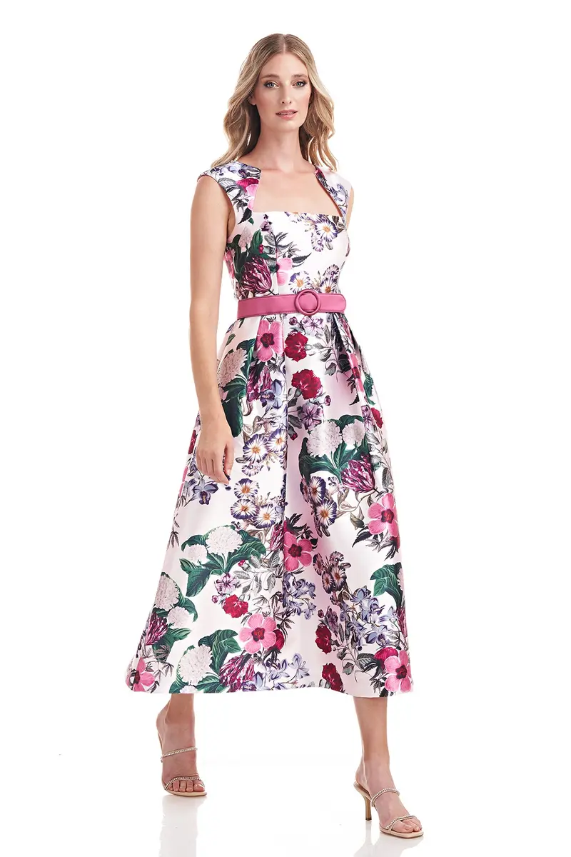 Alma Floral Mikado Tea-Length Dress with Detachable Belt