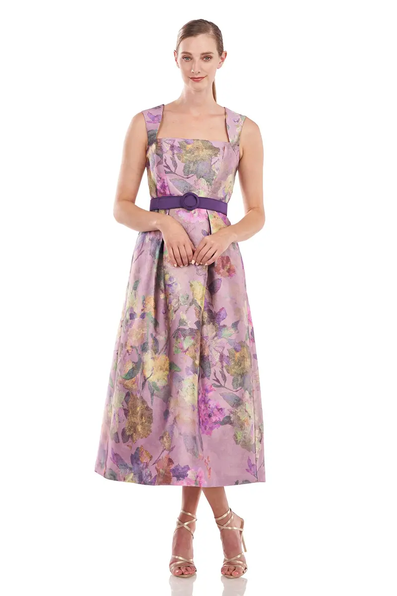 Alora Textured Floral Tea-Length Dress in Mikado Fabric