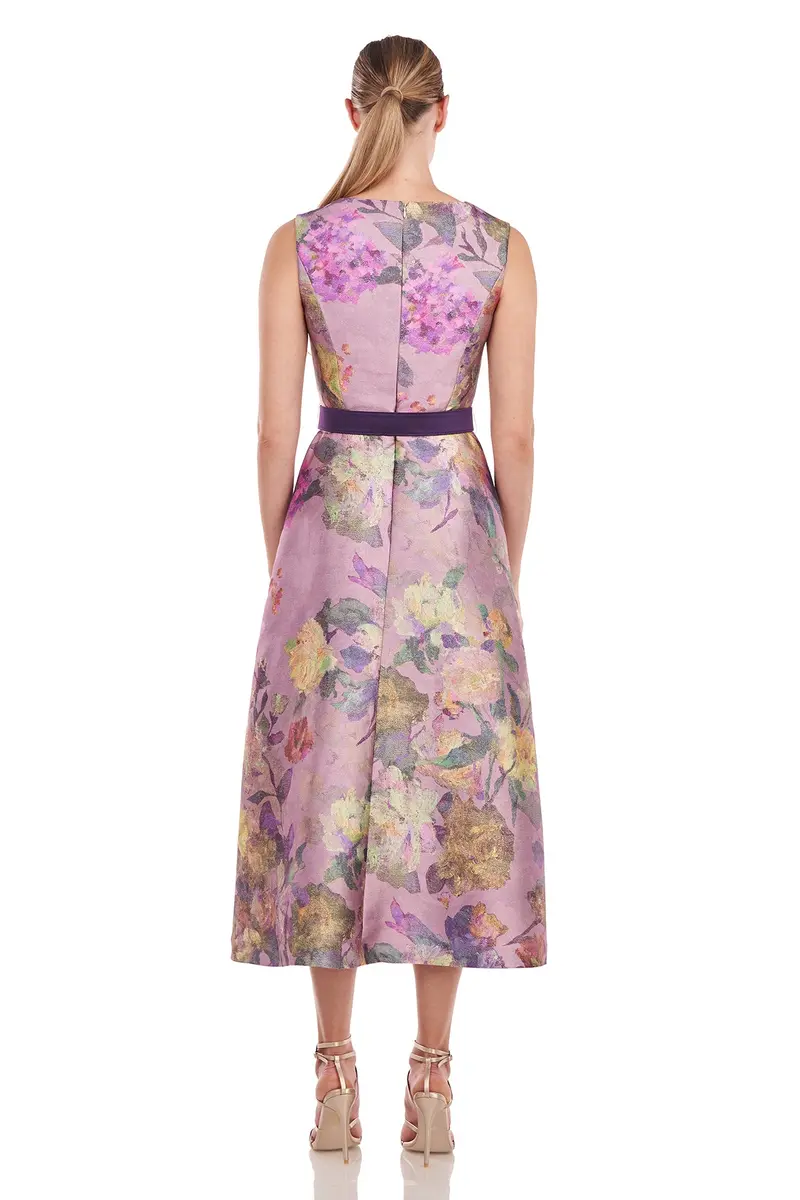Alora Textured Floral Tea-Length Dress in Mikado Fabric 2