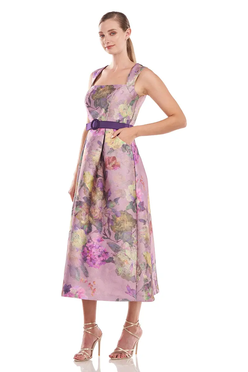 Alora Textured Floral Tea-Length Dress in Mikado Fabric