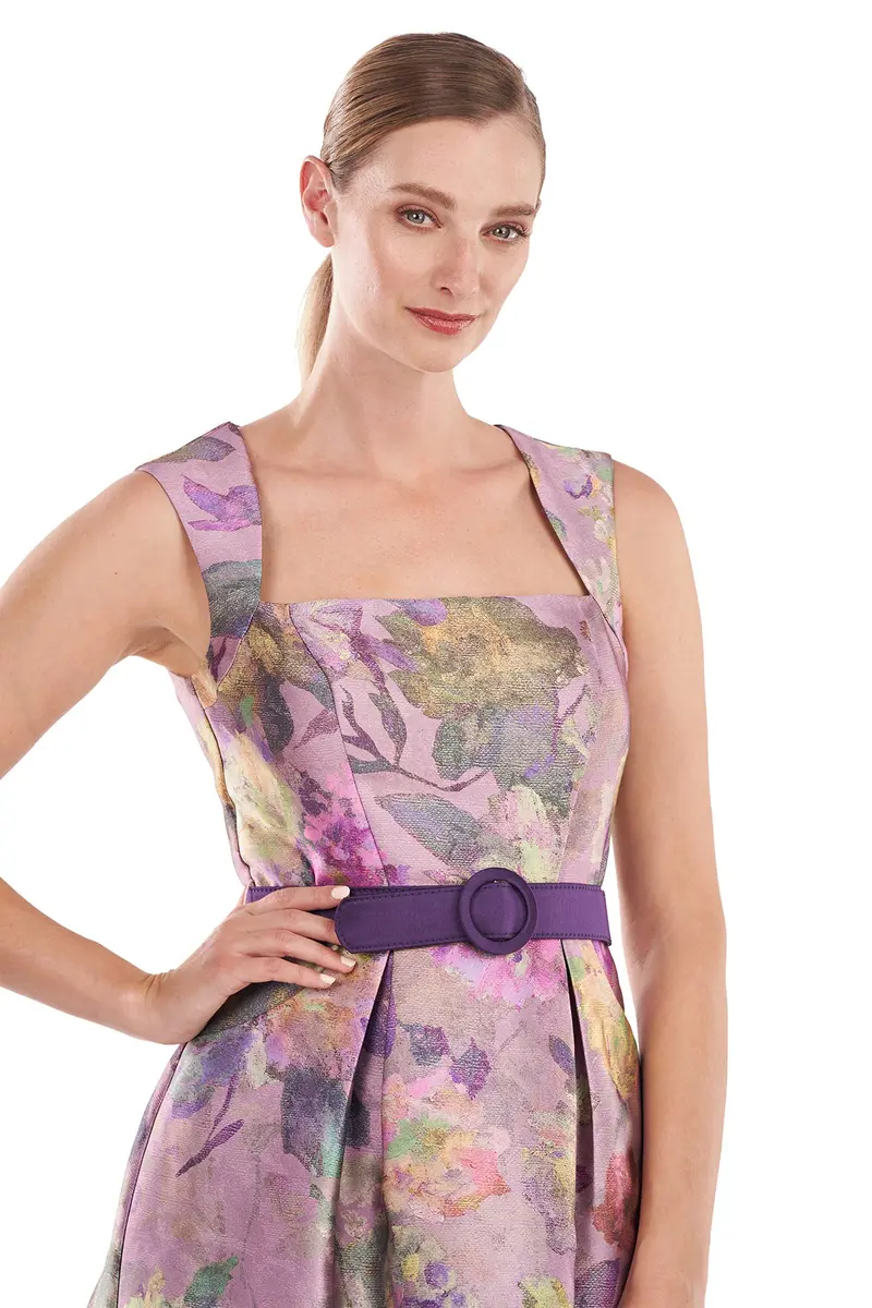 Alora Textured Floral Tea-Length Dress in Mikado Fabric
