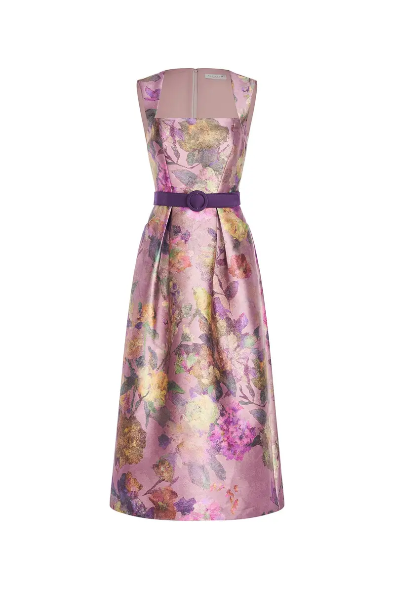 Alora Textured Floral Tea-Length Dress in Mikado Fabric
