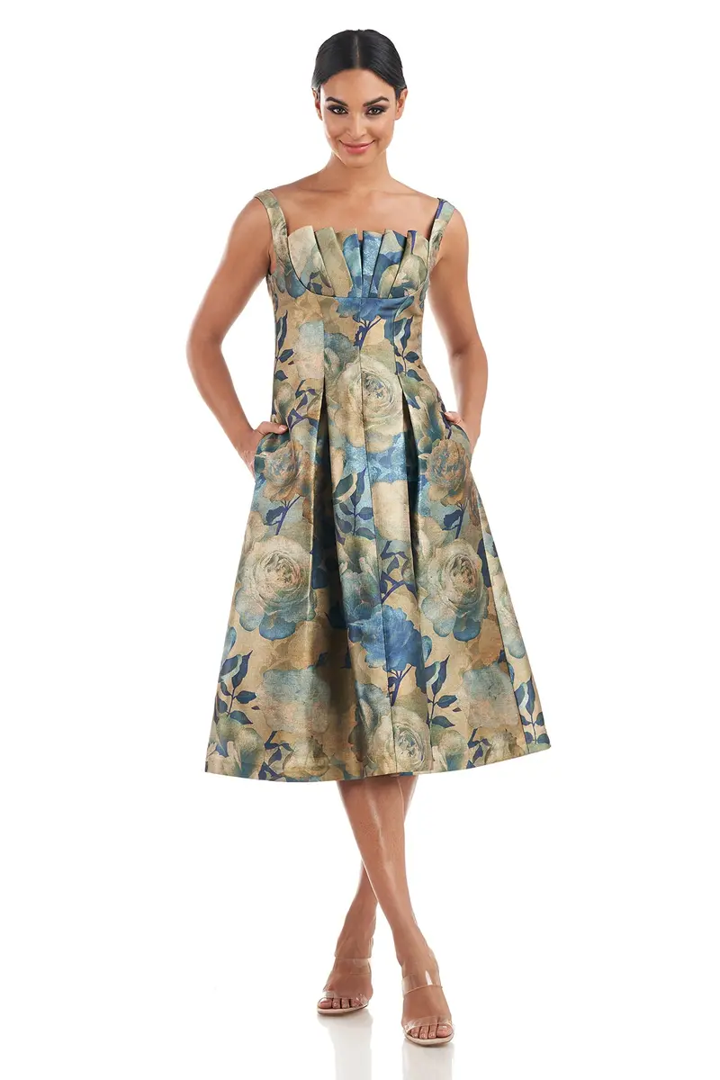 Amira Square-Neck Pleated Midi Dress in Organza