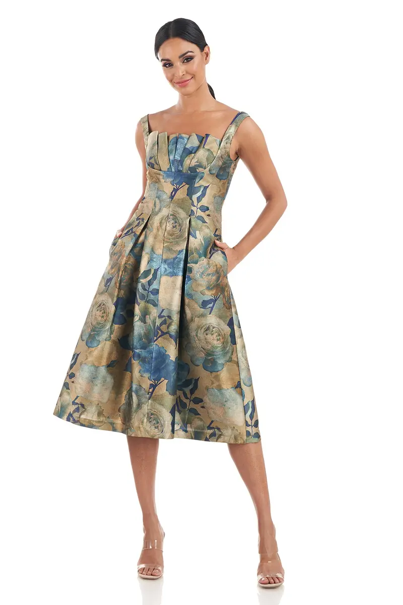 Amira Square-Neck Pleated Midi Dress in Organza