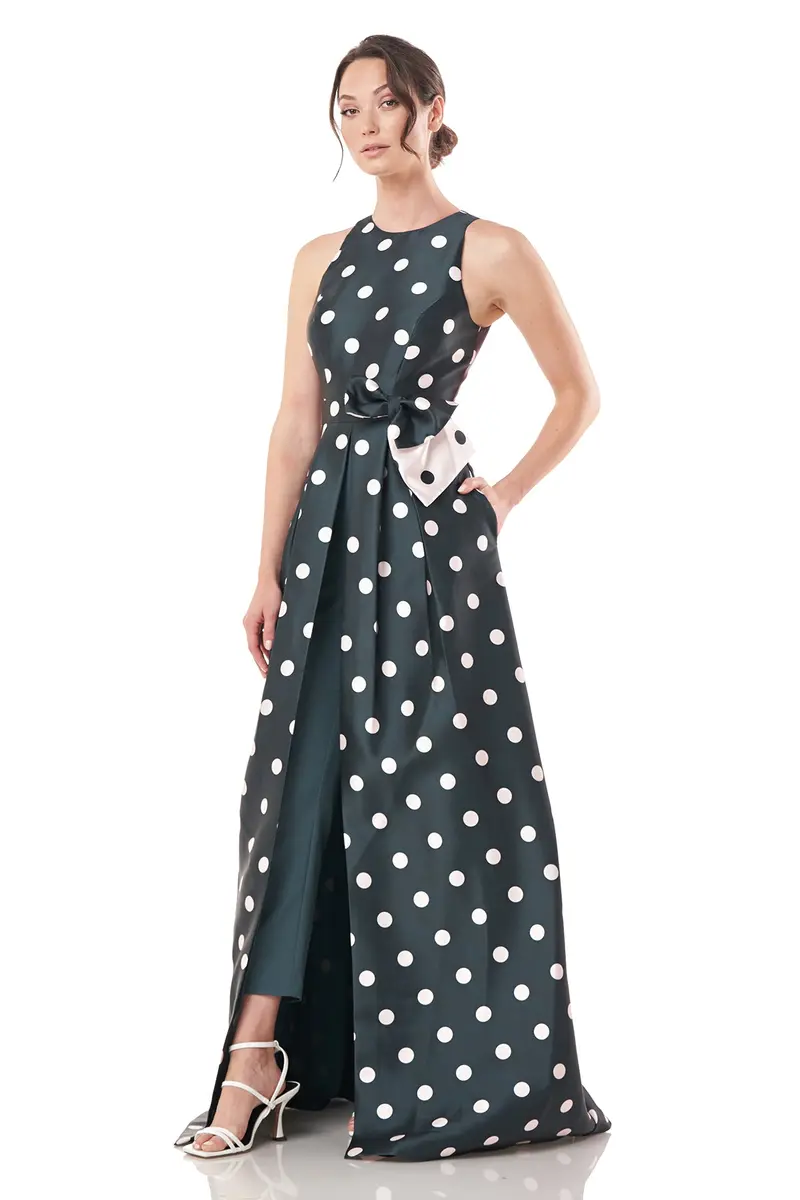 Andrea Polka Dot Elastic Jacquard Walk-Thru Jumpsuit