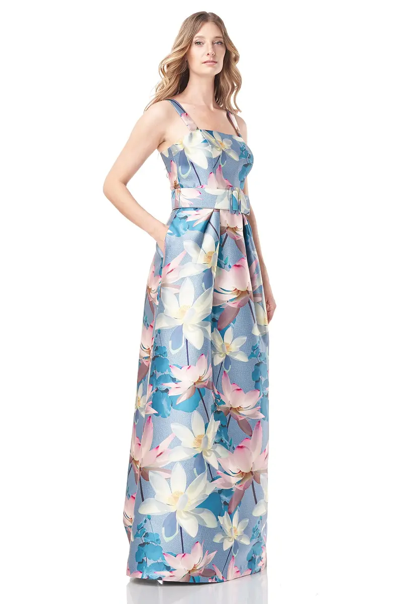 Annabella Lotus Print Column Gown with Detachable Belt