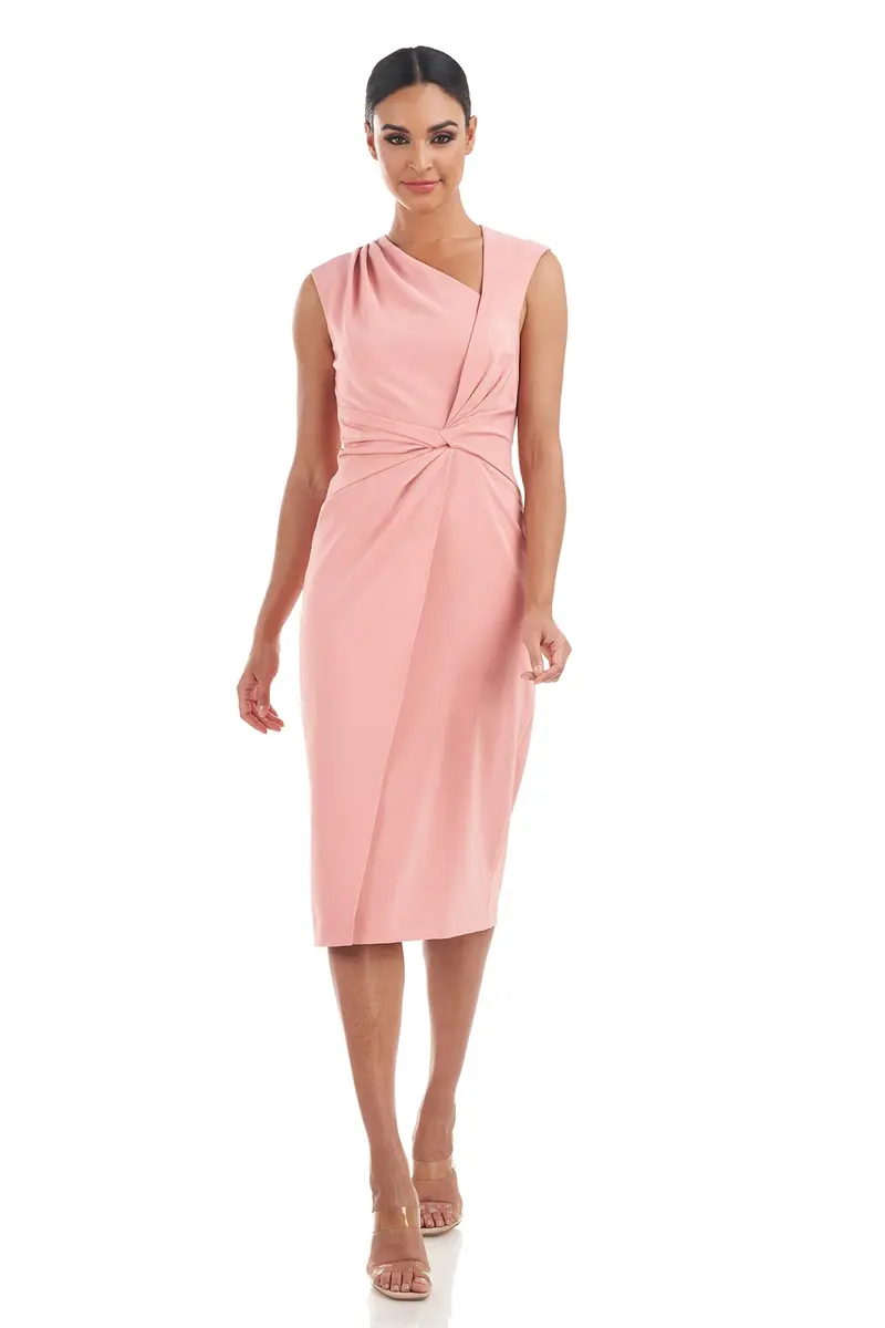 Asymmetrical Neckline Stretch Crepe Midi Dress