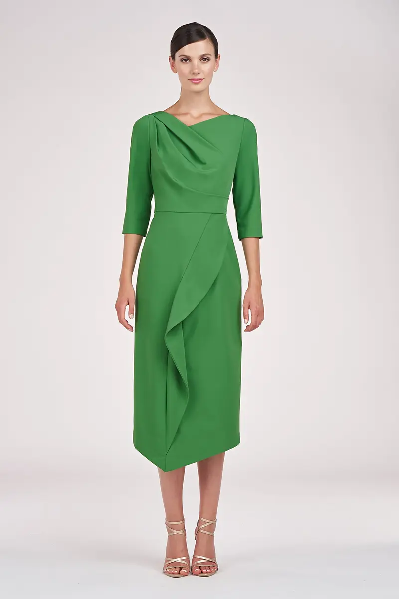 Asymmetrical Pleated Midi Dress in Stretch Crepe