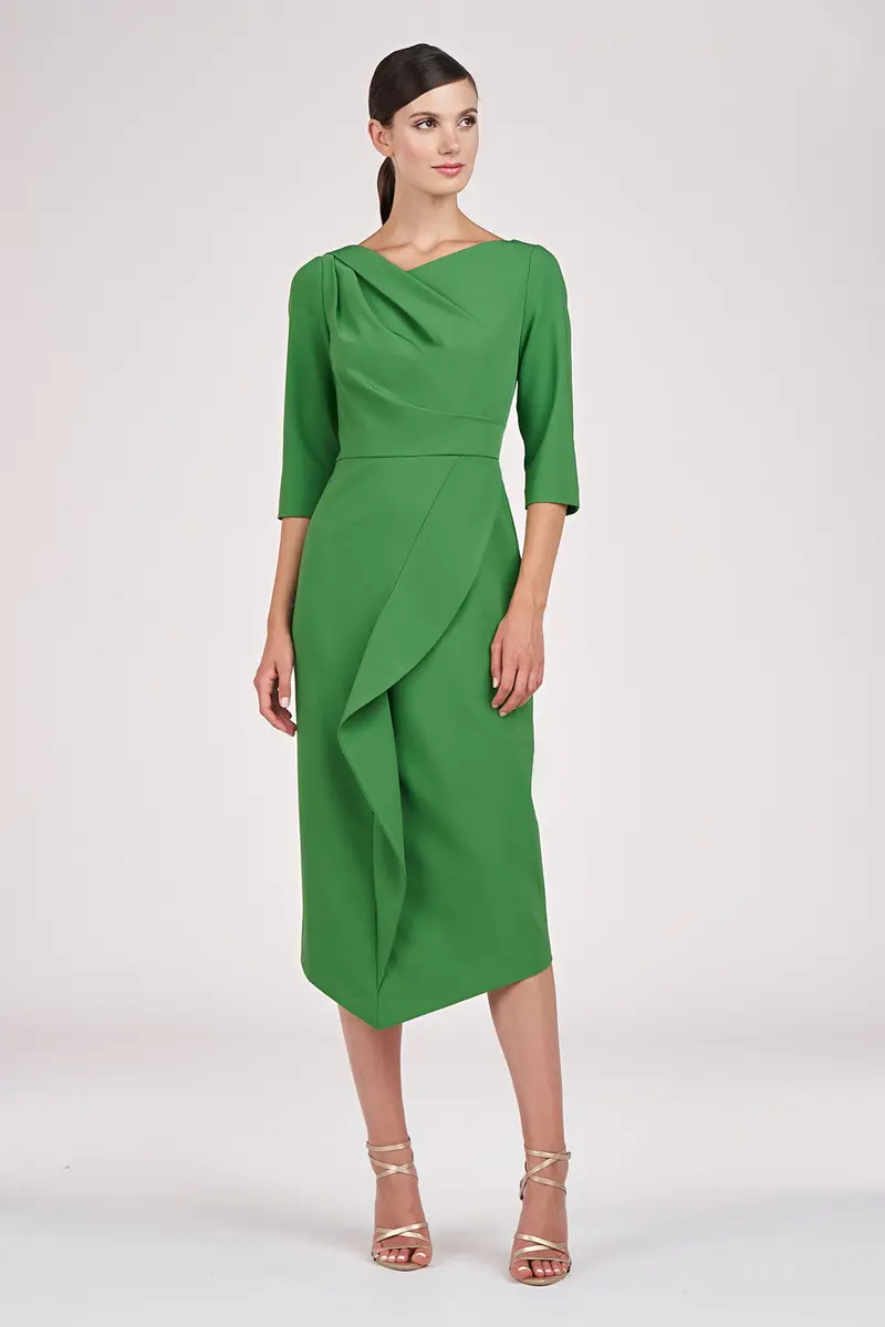Asymmetrical Pleated Midi Dress in Stretch Crepe