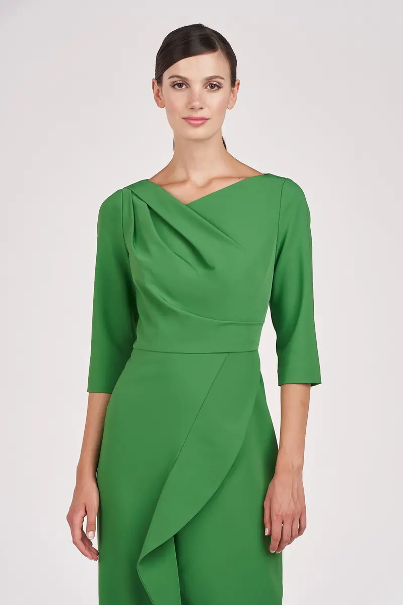 Asymmetrical Pleated Midi Dress in Stretch Crepe