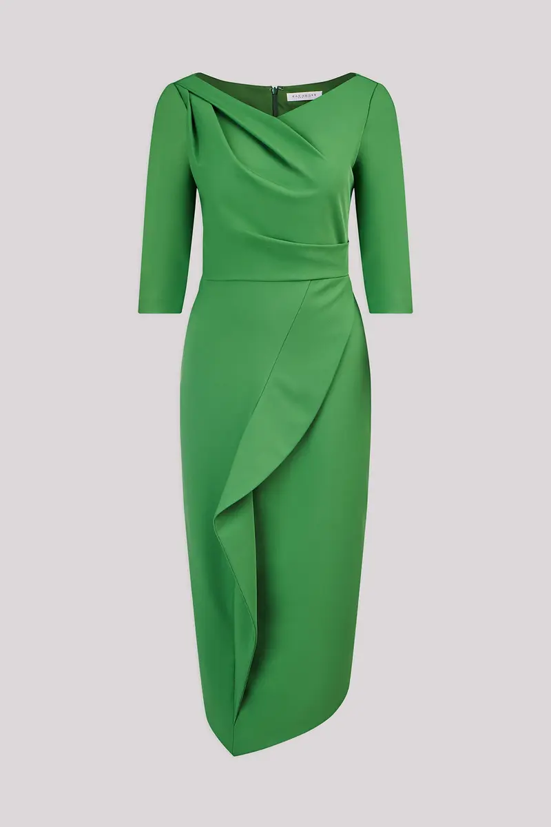 Asymmetrical Pleated Midi Dress in Stretch Crepe