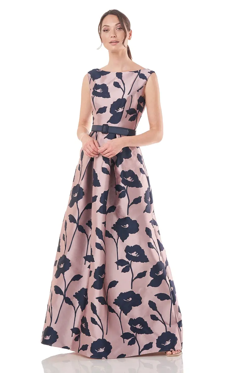 Austin Bateau Gown with Contrast Florals, Cap Sleeves, and Fit-and-Flare Silhouette