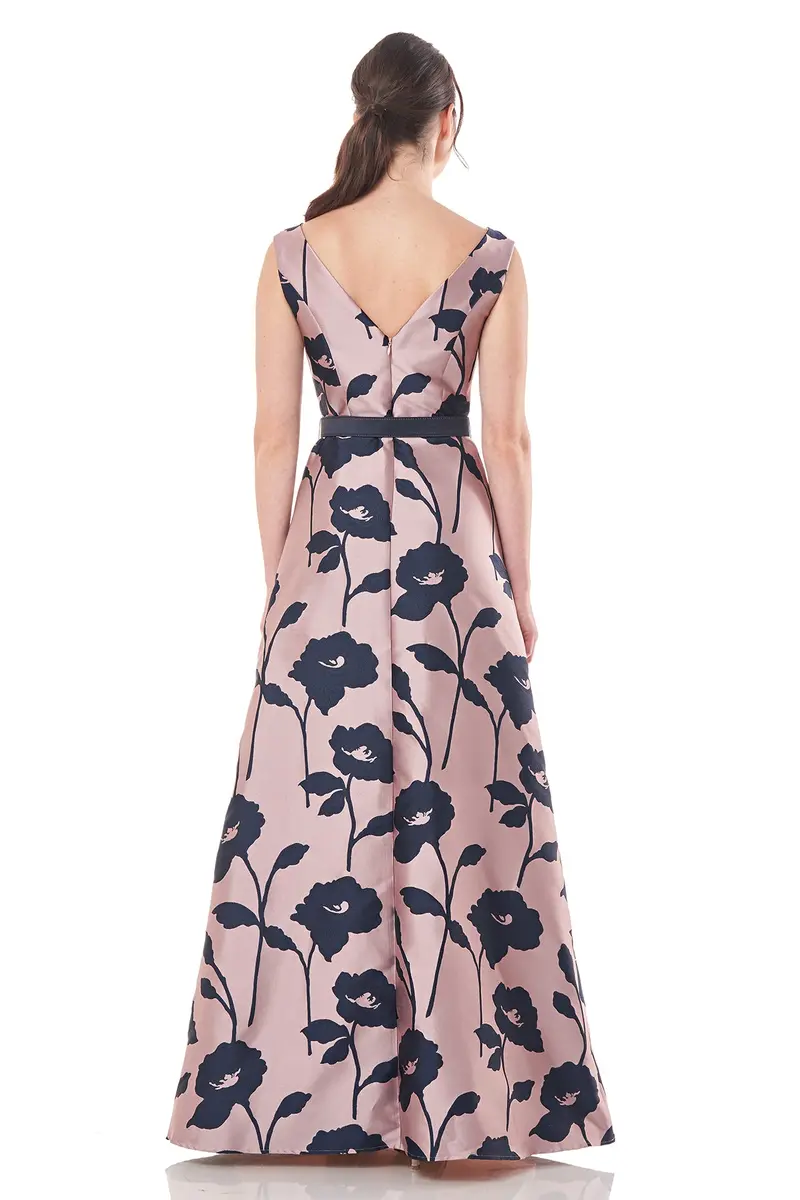 Austin Bateau Gown with Contrast Florals, Cap Sleeves, and Fit-and-Flare Silhouette 2