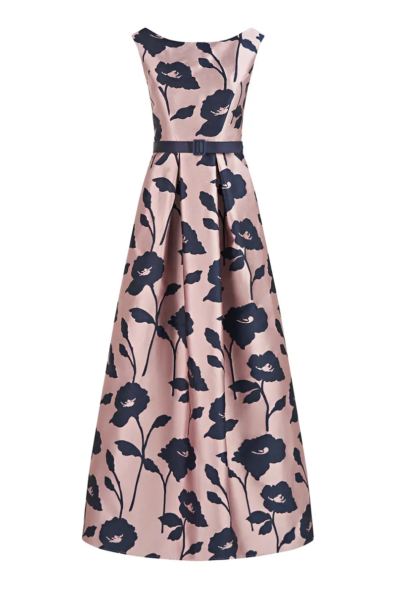 Austin Bateau Gown with Contrast Florals, Cap Sleeves, and Fit-and-Flare Silhouette