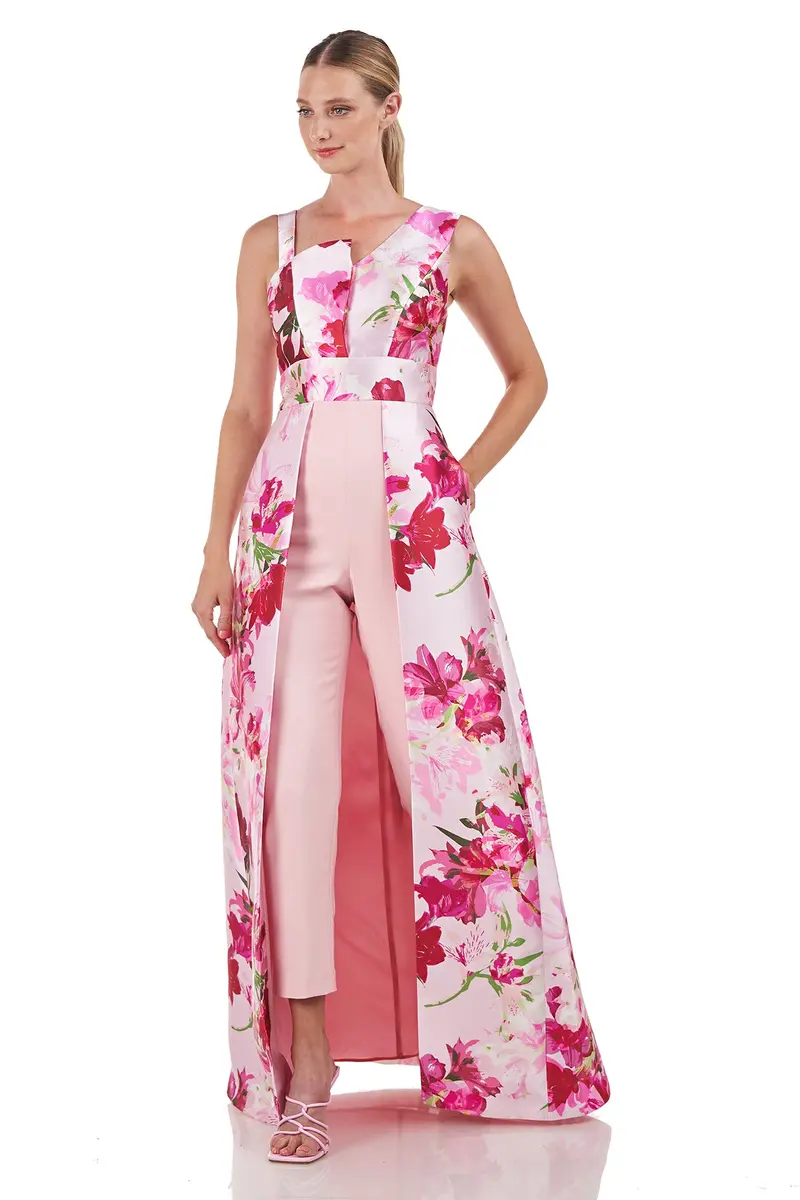 Azalea Print Mikado Flared Walk-Thru Jumpsuit