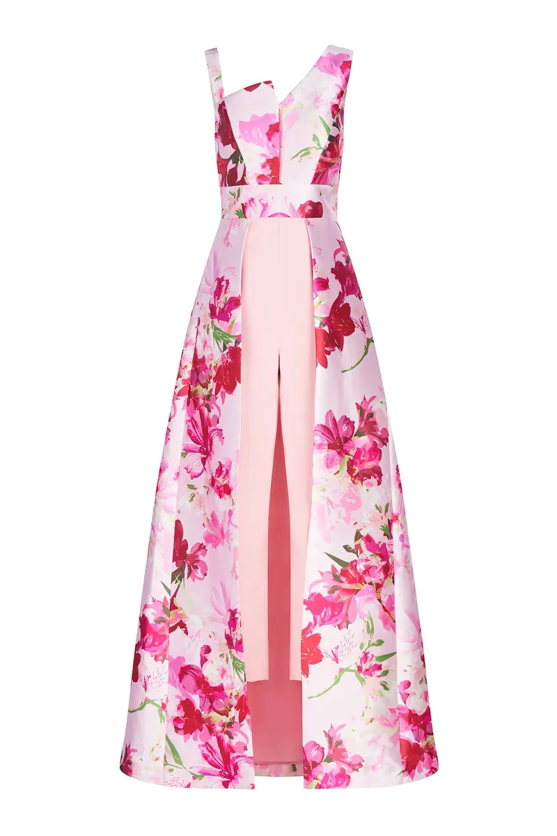 Azalea Print Mikado Flared Walk-Thru Jumpsuit