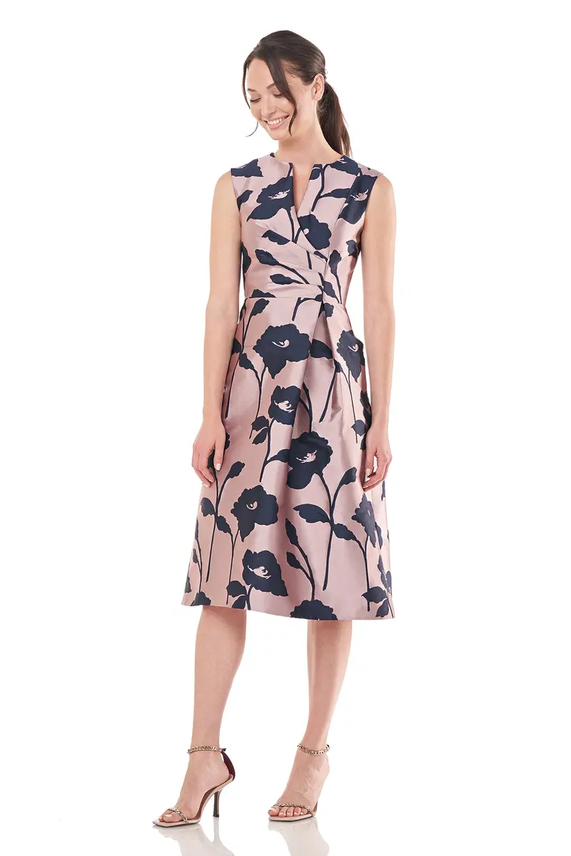 Blooming Sage Tea-Length Dress in Jacquard with Jewel V-Neck
