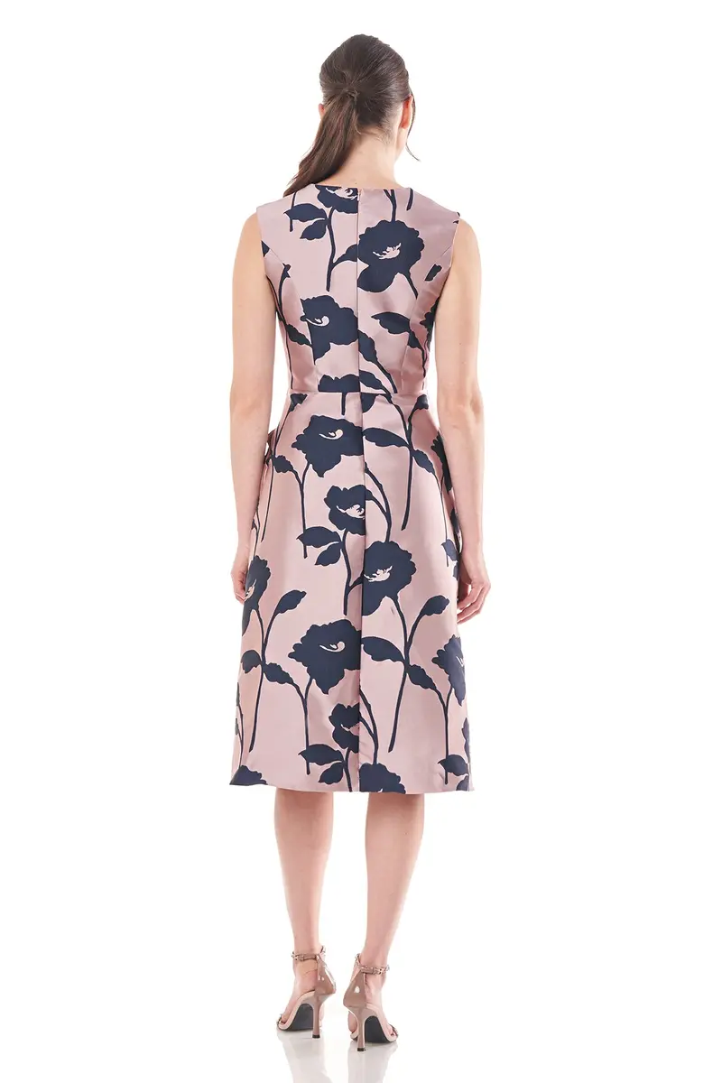 Blooming Sage Tea-Length Dress in Jacquard with Jewel V-Neck 2
