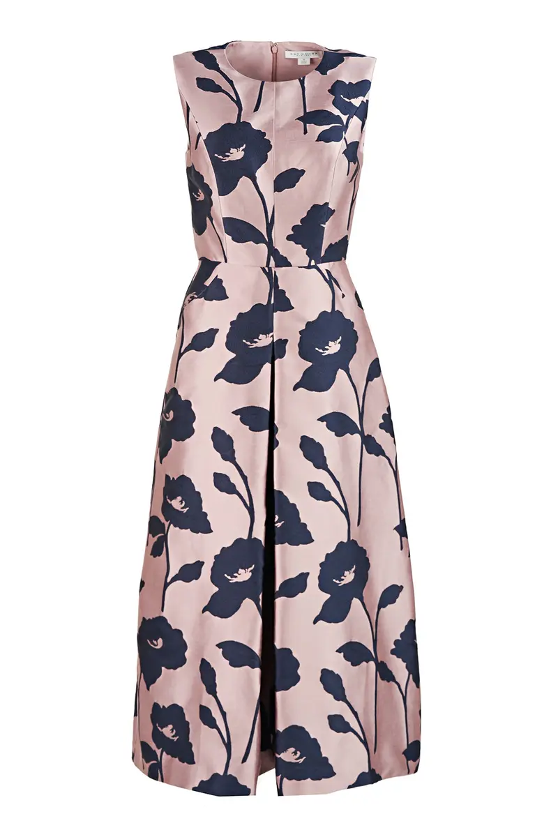 Blooming Sage Tea-Length Dress in Jacquard with Jewel V-Neck