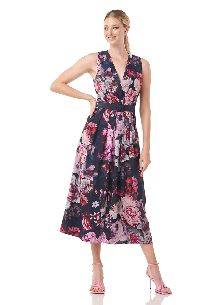 Chiffon Wrap V-Neck Pleated Tea-Length Dress