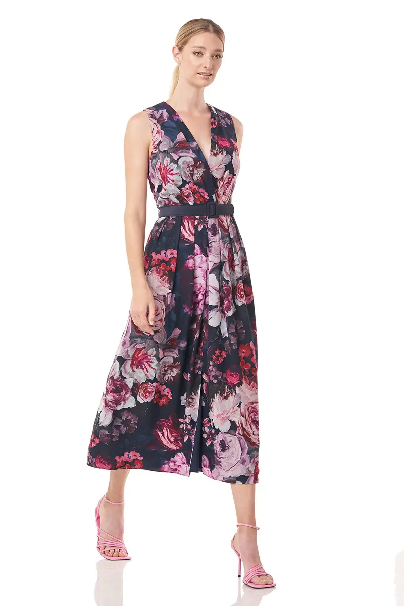 Chiffon Wrap V-Neck Pleated Tea-Length Dress