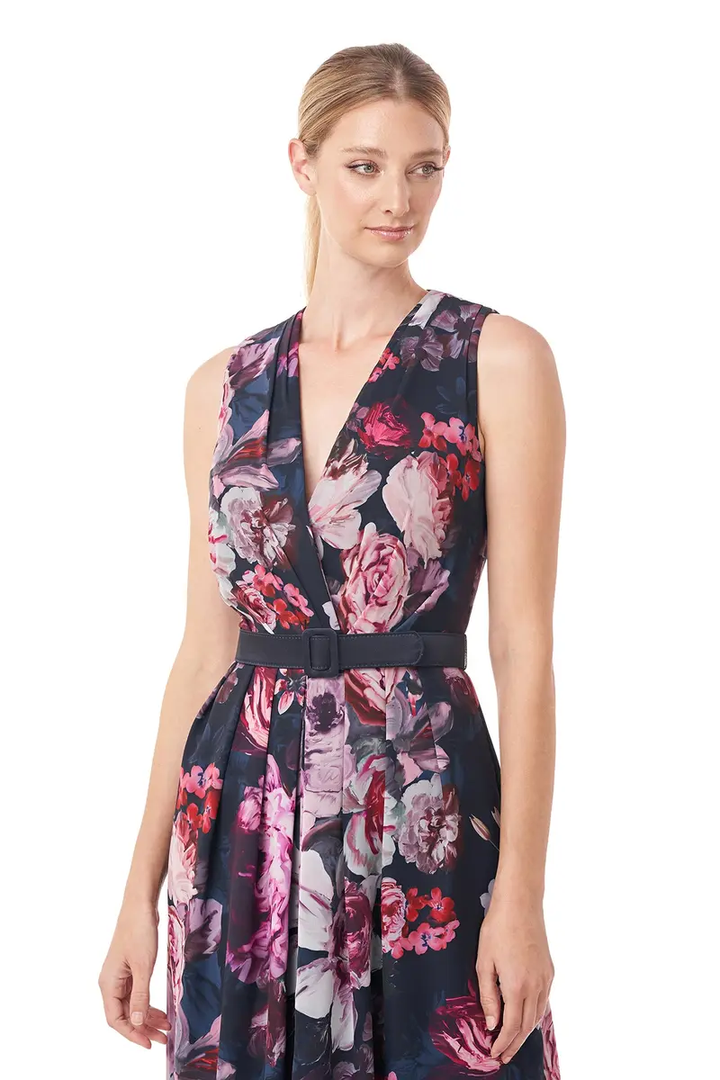 Chiffon Wrap V-Neck Pleated Tea-Length Dress