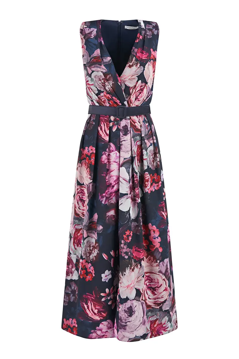 Chiffon Wrap V-Neck Pleated Tea-Length Dress