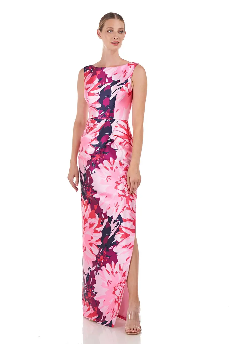 Chrysanthemum Print Mikado Column Gown