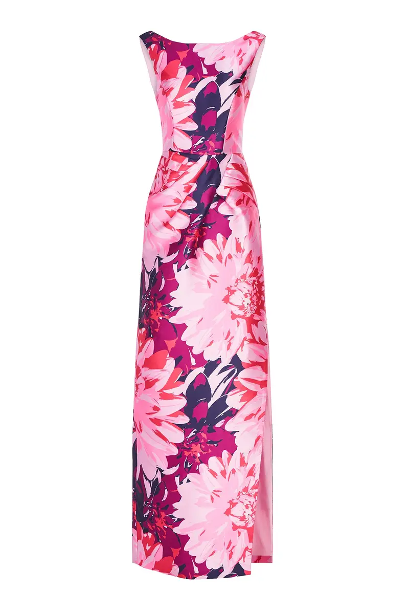 Chrysanthemum Print Mikado Column Gown