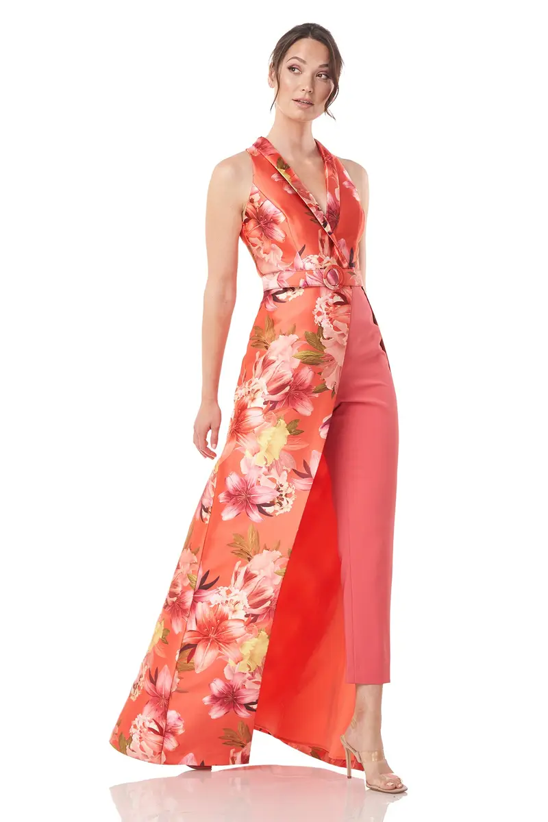 Dana Asymmetrical Walk-Thru Jumpsuit in Printed Mikado