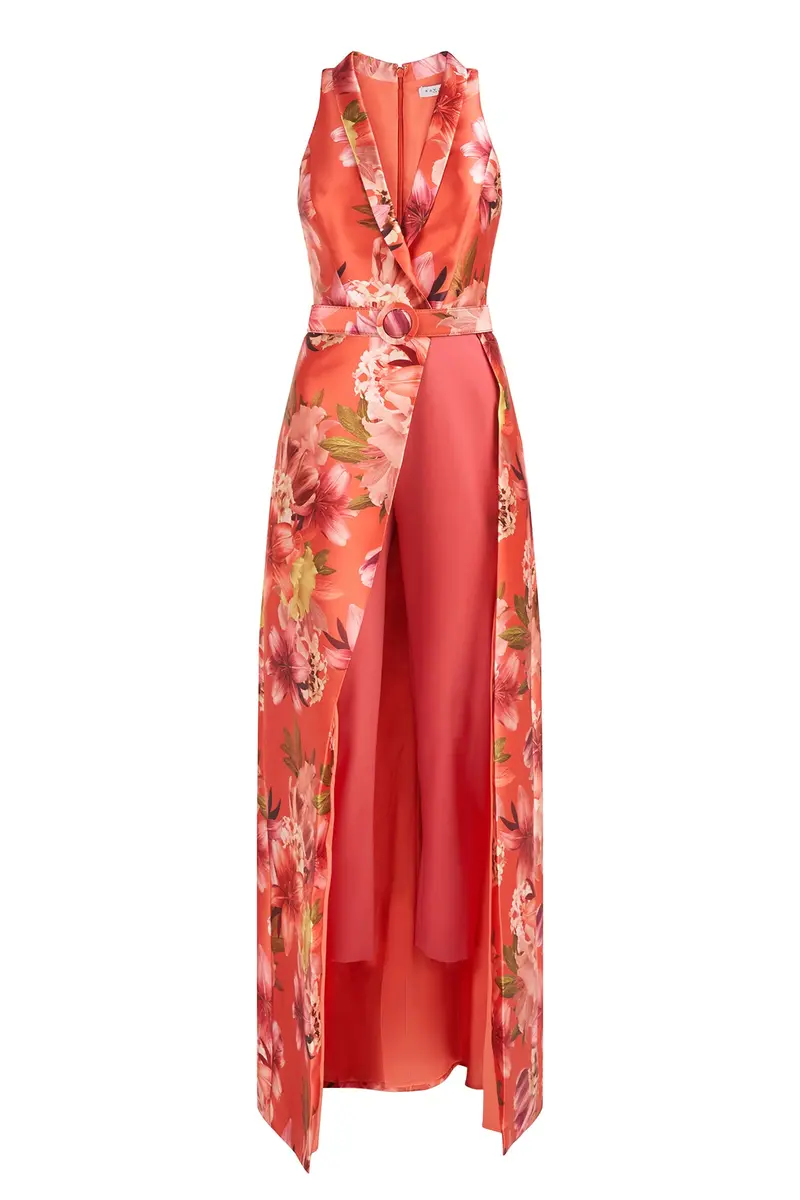 Dana Asymmetrical Walk-Thru Jumpsuit in Printed Mikado
