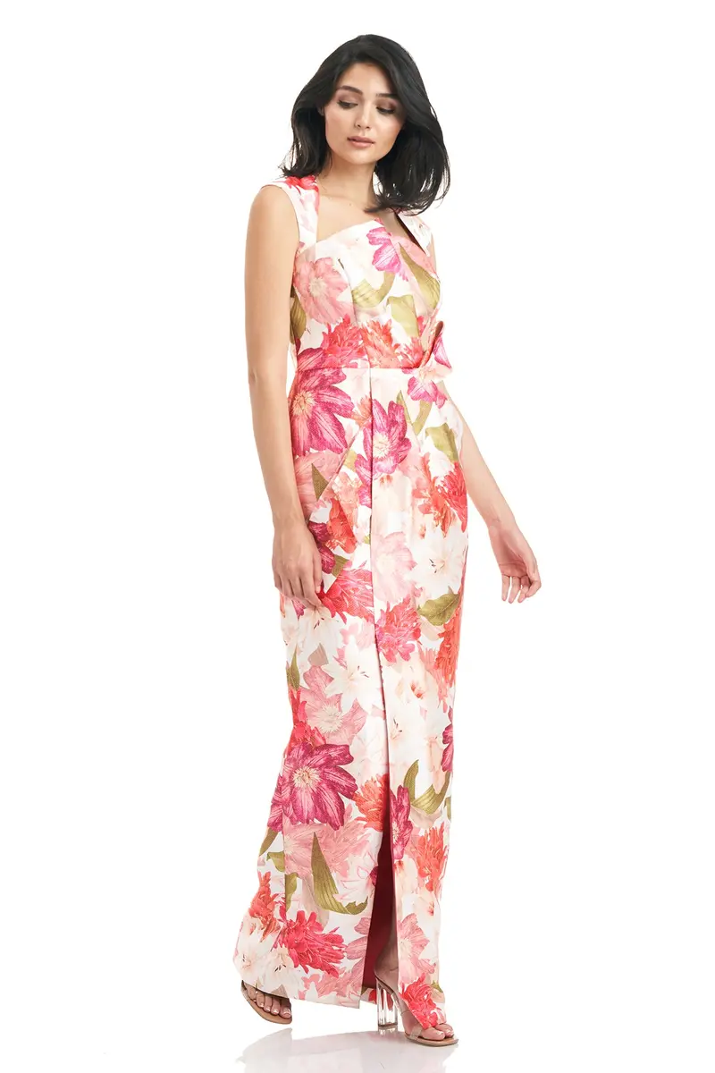 Dominique Floral Pleated Evening Gown