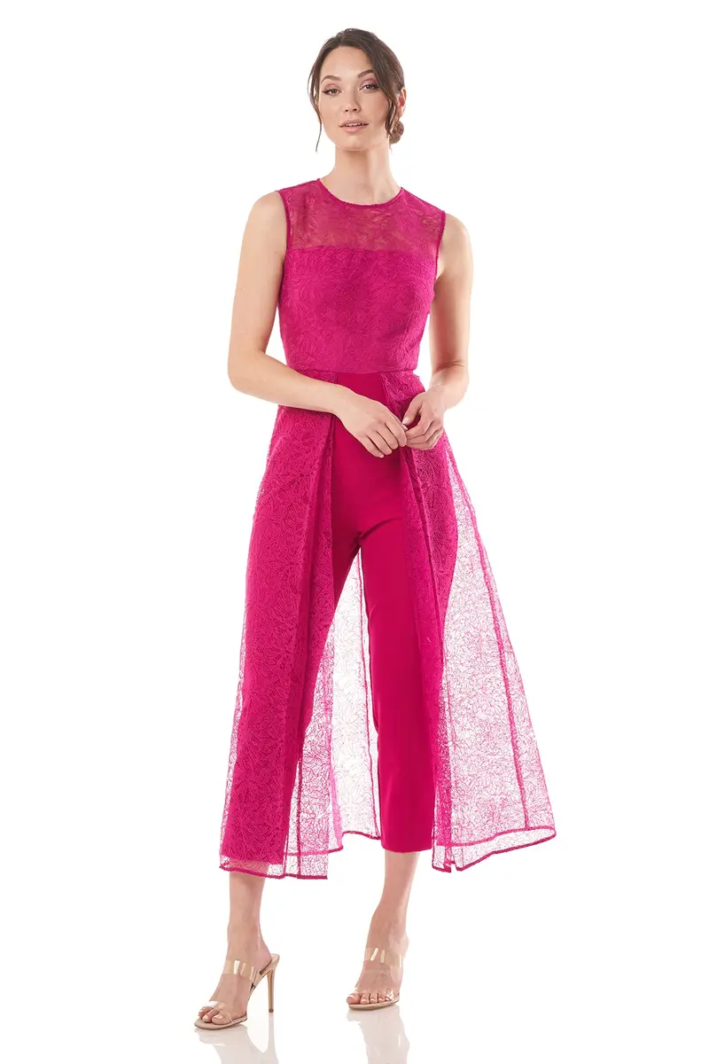 Drea Sleeveless Illusion-Bodice Flared Jumpsuit