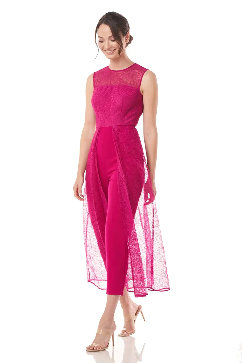 Drea Sleeveless Illusion-Bodice Flared Jumpsuit