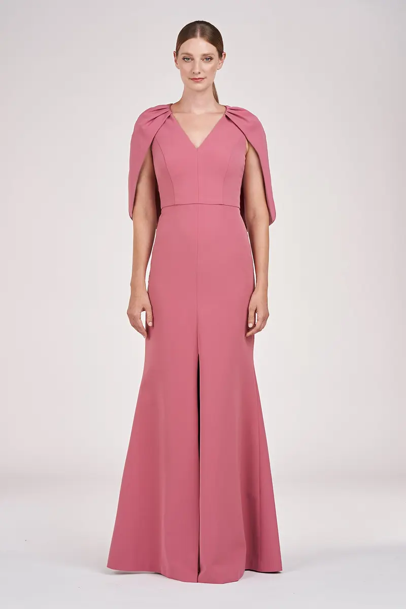 Elegant Stretch Crepe Capelet Evening Gown