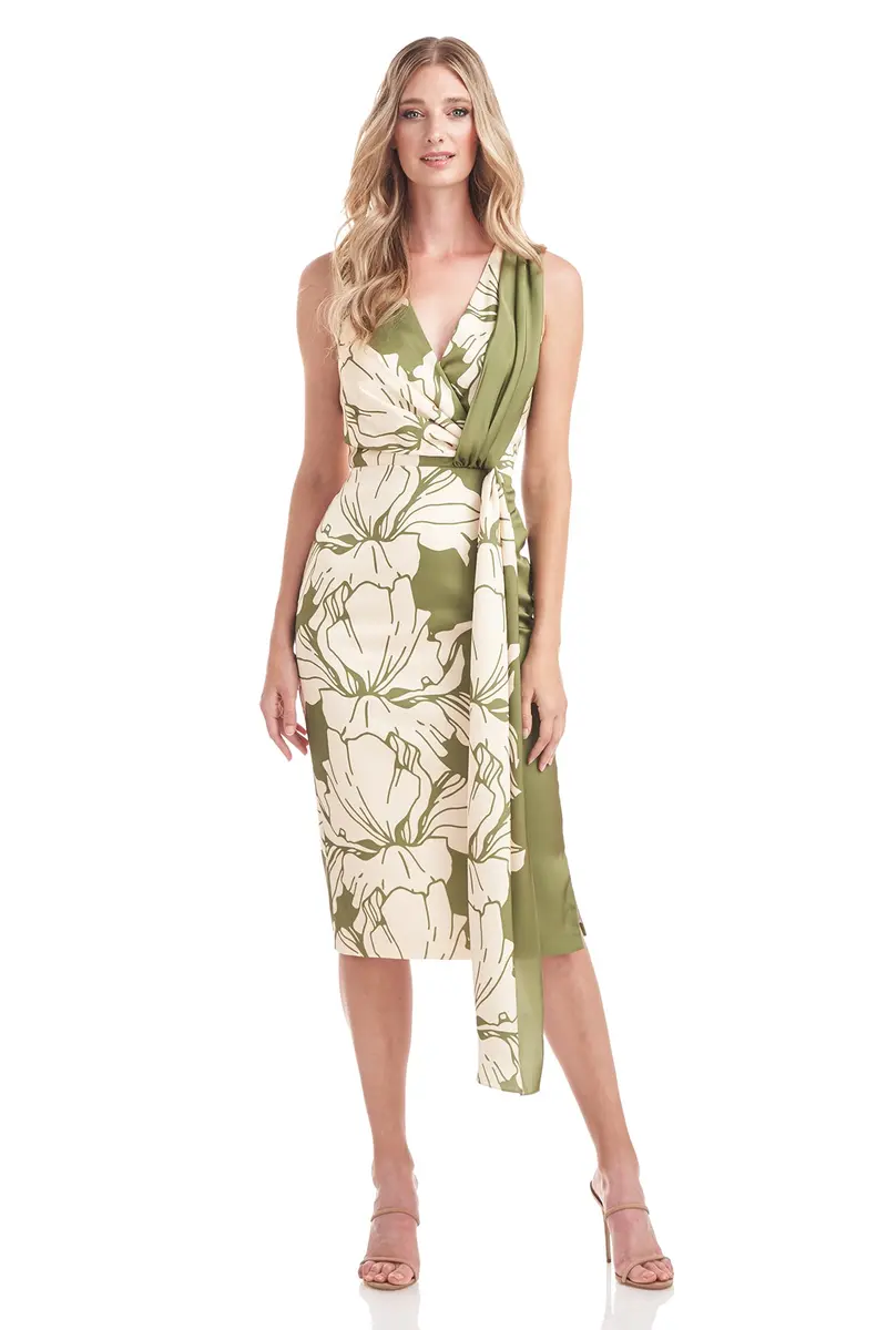 Elle Sleeveless V-Neck Midi Dress in Floral Stretch Charmeuse