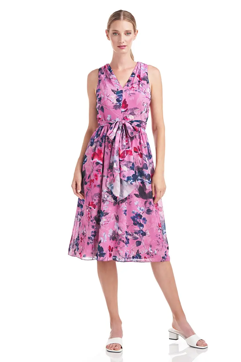 Ellen Pleated V-Neck Chiffon Midi Dress
