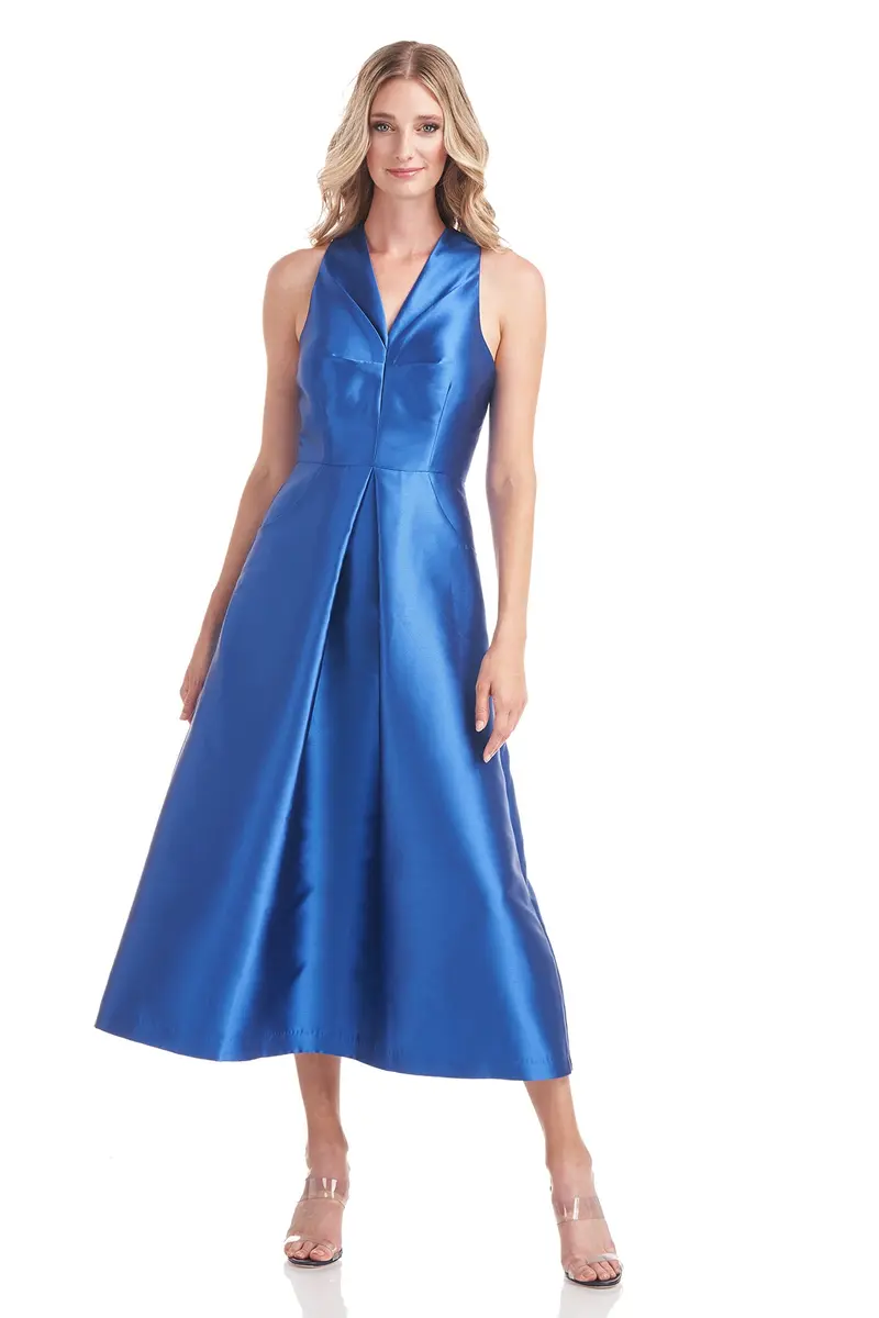 Elliott Swan-Neck Pleated Tea-Length Dress