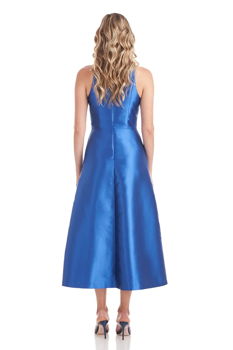 Elliott Swan-Neck Pleated Tea-Length Dress