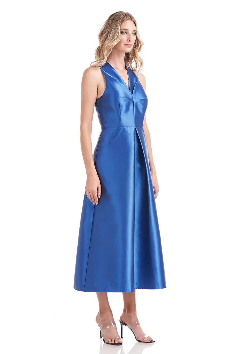 Elliott Swan-Neck Pleated Tea-Length Dress
