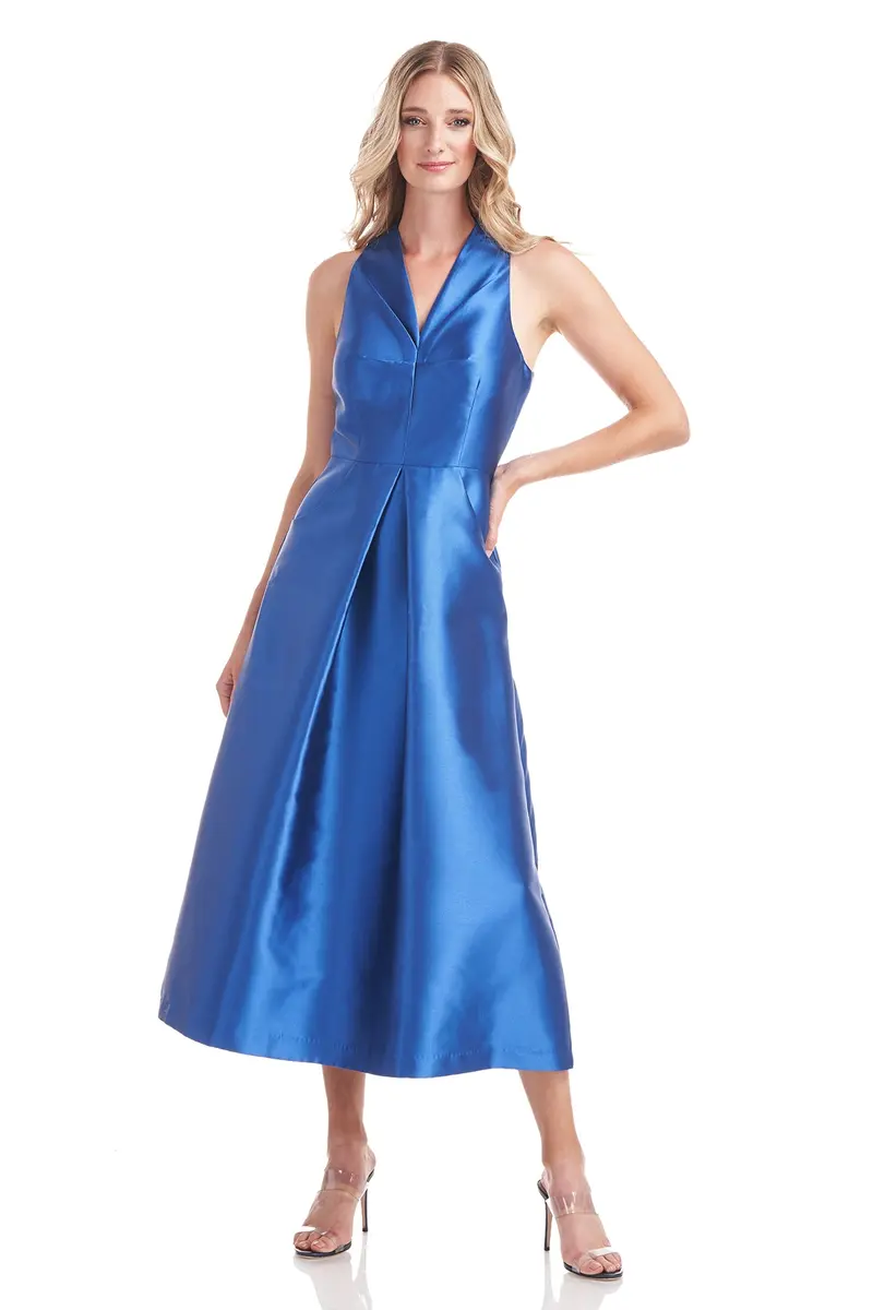Elliott Swan-Neck Pleated Tea-Length Dress