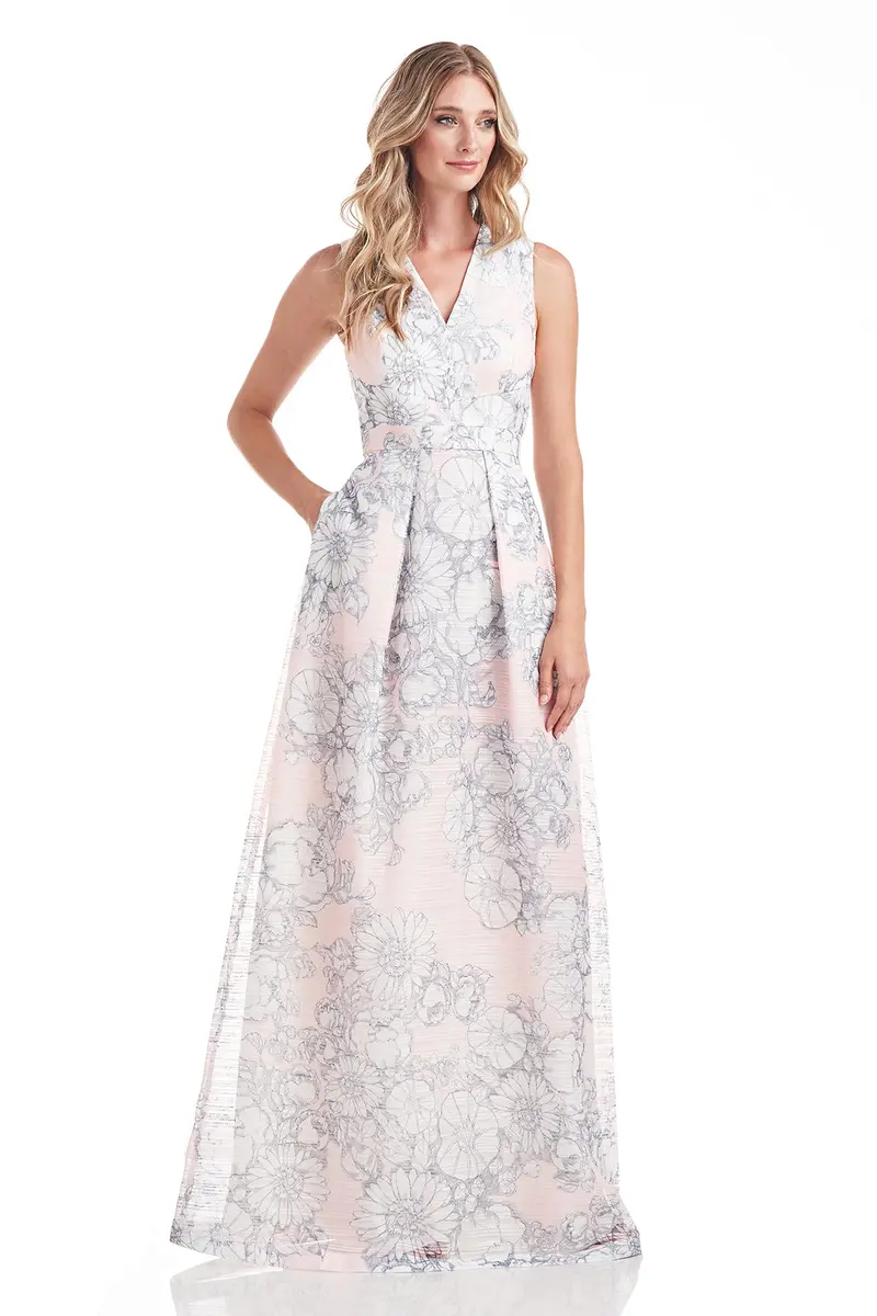Eloise Sleeveless V-Neck Floral Organza Evening Gown